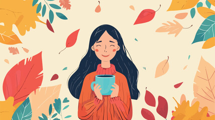 Hello autumn cute girl holding a cup with autumn background