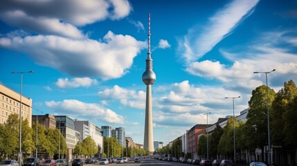 b'A wide shot of the Fernsehturm Berlin with cars on the road and trees on either side'