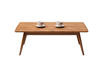 A Serene Moment: Two Cups on a Wooden Table. On a White or Clear Surface PNG Transparent Background.