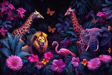 Large group of African safari animals. Jungle, tropical illustration. Lion, parrots, giraffe, zebra, elephant - Powered by Adobe