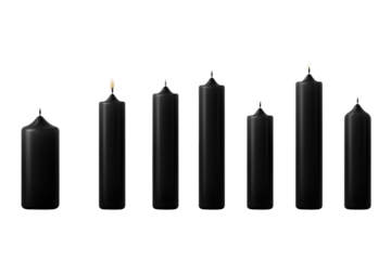 Midnight Melodies: A Row of Black Candles. On a White or Clear Surface PNG Transparent Background.