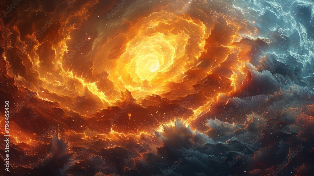 Poster a visual representation of a chaotic weather system with swirling winds changing temperatures and ch
