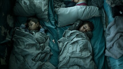 Kids sleeping on a dirty mattress in a crowded shelter.