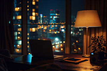 A laptop on a table at night is illuminated by the dim light of a table lamp