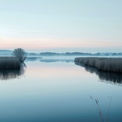 b'Misty lake at sunrise with reeds in the foreground'