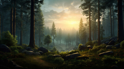 background design with a focus on the tranquility of a forest at sunrise, 