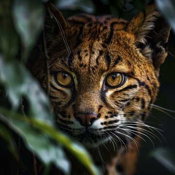b'A close up of a margay in the jungle'