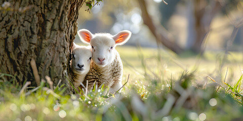 Obraz premium little lamb in the grass blur background 