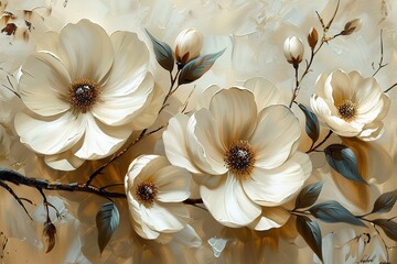 Oil painting of white flowers on beige background, soft palette knife strokes in neutral tones