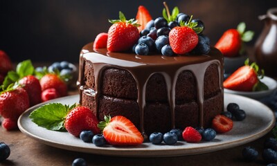 Chocolate cake decorated with blueberries and strawberries on top.