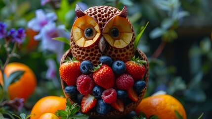 b'Owl sculpture made of fruits and vegetables'