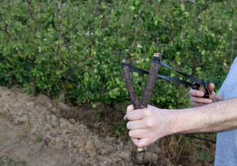 Slingshot aimed and pulled back against wrist, with hands - in forest setting. slingshot ready to...