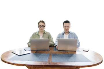 A woman and a man are a couple working at a workplace using laptops, a cut-out background