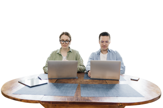 A woman and a man are a couple working at a workplace using laptops, a cut-out background
