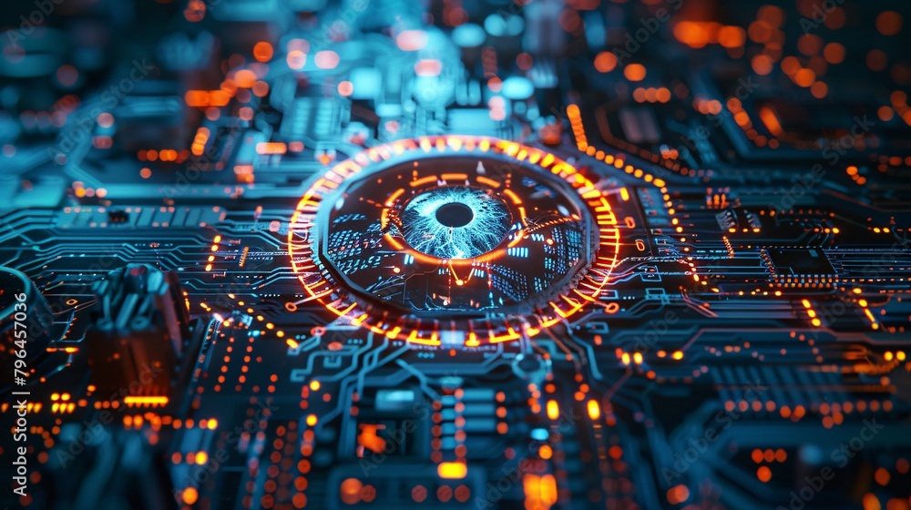 Poster glowing eye embedded within the cybernetic center of the circuit board showcases advanced artificial