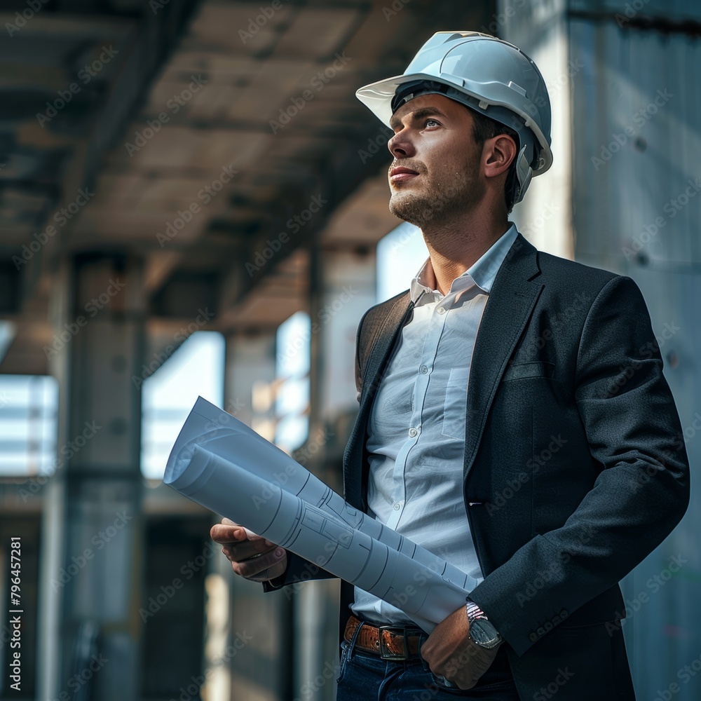 Poster supervisor in hard hat overseeing construction project with blueprints at the building site
