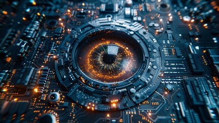 The cybernetic center of the circuit board illuminated by a glowing eye symbolizing futuristic technology
