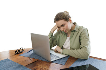 A female freelancer is stressed, tired of the deadline, uses a laptop, a cut-out background