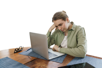 A female freelancer is stressed, tired of the deadline, uses a laptop, a cut-out background