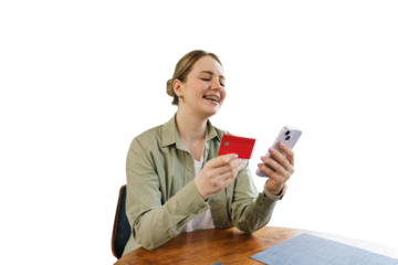 Woman buys online payment in phone and credit card, cut out background