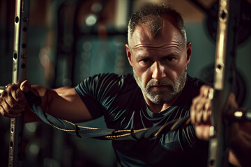 Fototapeta na wymiar Energized Mature Man in His Element: A Gruelling Resistance Training Session