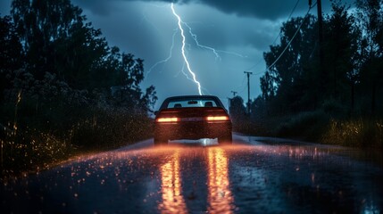 雷雨の中を走る自動車
 - obrazy, fototapety, plakaty