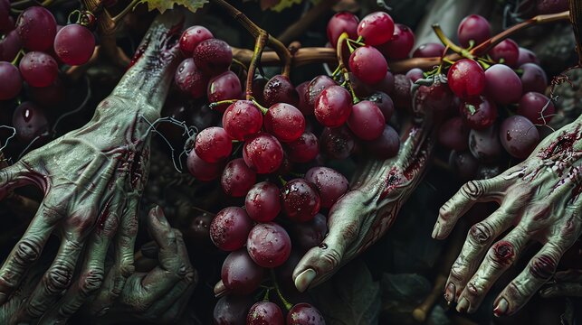 A photo of zombies eating grapes in a vineyard.