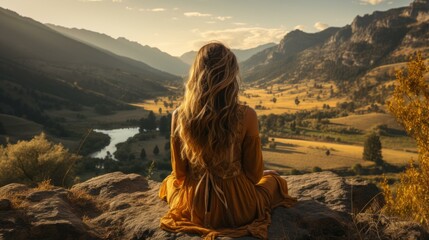b'girl sitting on a rock admiring the mountain view'