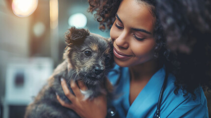 A caring veterinarian enjoys a close, comforting embrace with a young, scruffy puppy, embodying care and protection. - obrazy, fototapety, plakaty