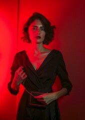 Fashion portrait of young beautiful woman in black dress. Red light.