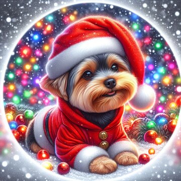 Shih Tzu wear Santa Hat surround by christmas lights. Round Sticker for decoration christmas theme Greeting Cartoon Character Cute New year Clip Art