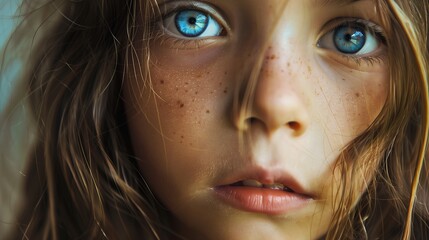Portrait of a girl's face, her expression reflecting innocence and vulnerability.
