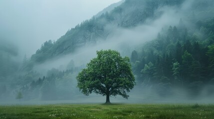 b'solitary tree in a foggy landscape'