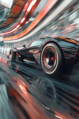 Produce a dynamic CG 3D rendering showcasing a close-up zoom image of a high-speed racing car maneuvering through a sharp turn