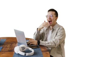 Male freelancer tired of work uses laptop, cut out