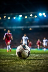 b'Close up of a soccer ball on grass with blurred soccer players in the background' - obrazy, fototapety, plakaty