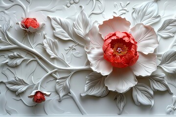 Red decorative volumetric peony flower on the background of a decorative wall