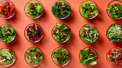Set of healthy leaf salads on color background top view