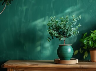 b'A green plant in a green pot on a wooden table against a green background'