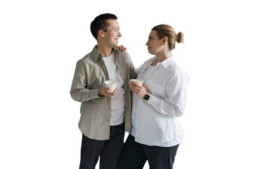 Young couple drinking coffee together hugging, cut out