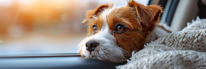 A small brown and white dog is looking out the w,
Cute happy dog looking out of car window Dog travel by car enjoying road trip