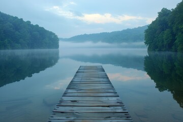 Tranquil morning mist envelops wooden bridge over serene lake surrounded by lush green trees