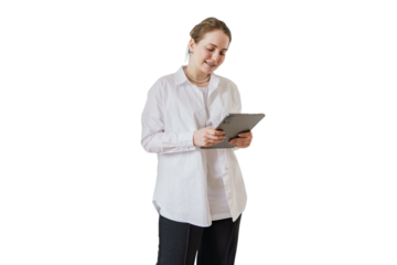 Female freelancer online education uses tablet, cut out background