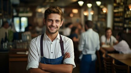 Obraz premium b'Portrait of a Smiling Caucasian Man Wearing an Apron in a Restaurant'