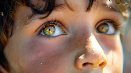 Portrait of a young boy's face, his eyes shining with curiosity and resilience.