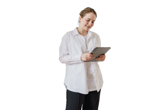 Female freelancer online education uses tablet, cut out background