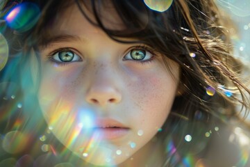 Naklejka premium b'Portrait of a young girl with green eyes and freckles on her face'