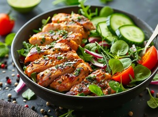 b'Grilled chicken breast with fresh salad leaves, cucumber, radish, tomato and spices'