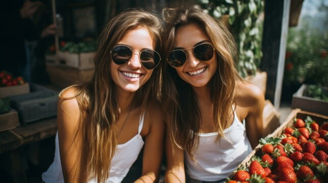 b'Two young women with long brown hair wearing white tank tops and sunglasses smiling in front of a crate of strawberries'