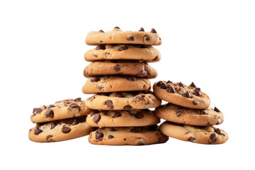 Towering Temptations: A Delicious Stack of Chocolate Chip Cookies. On a White or Clear Surface PNG Transparent Background.
